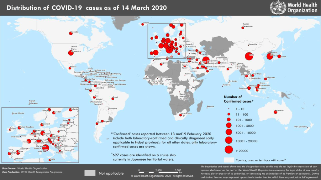 Countries, territories or areas with reported confirmed cases of COVID-19, 14 March 2020